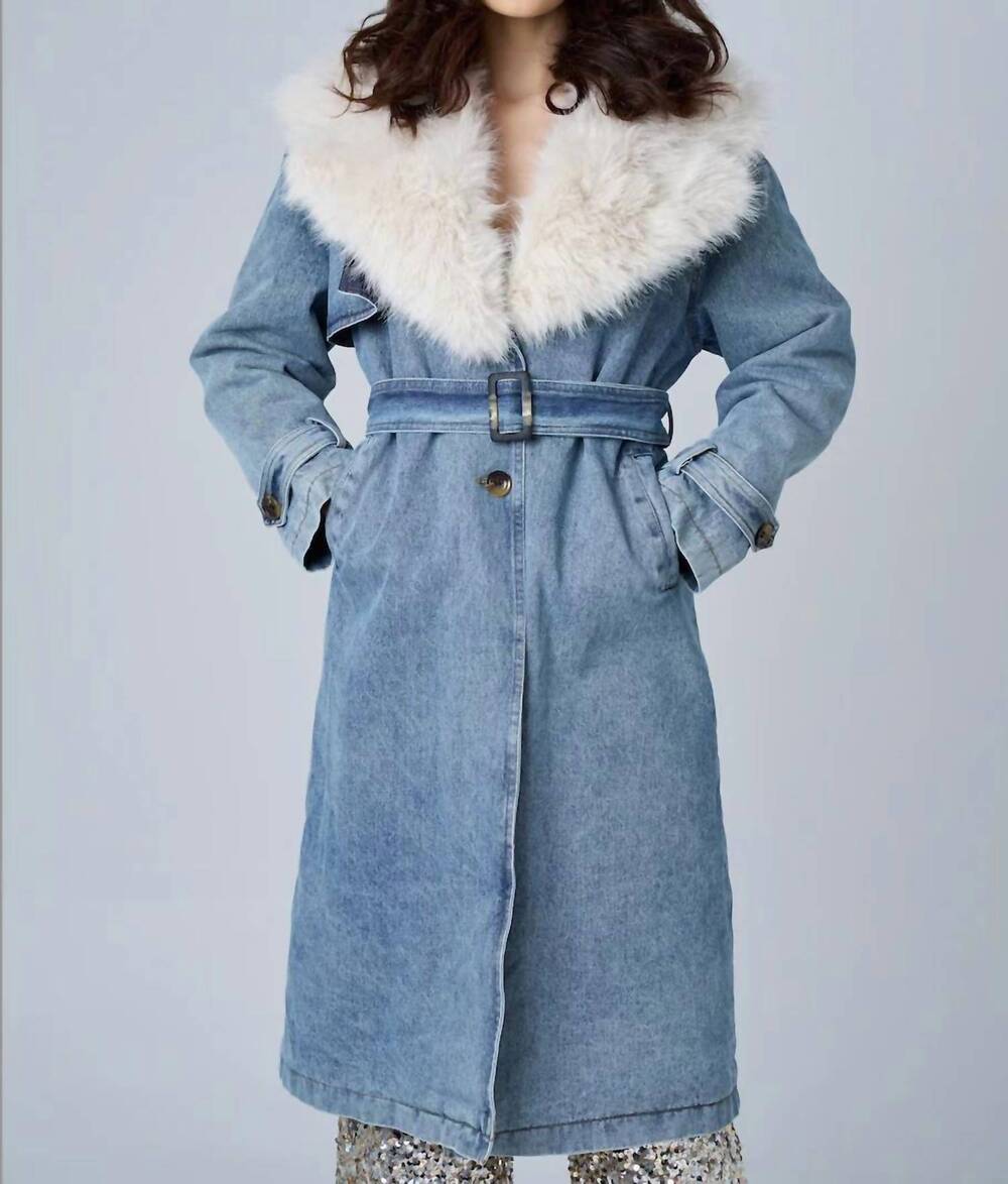 NEW ASTRID denim fur collar trench coat in blue